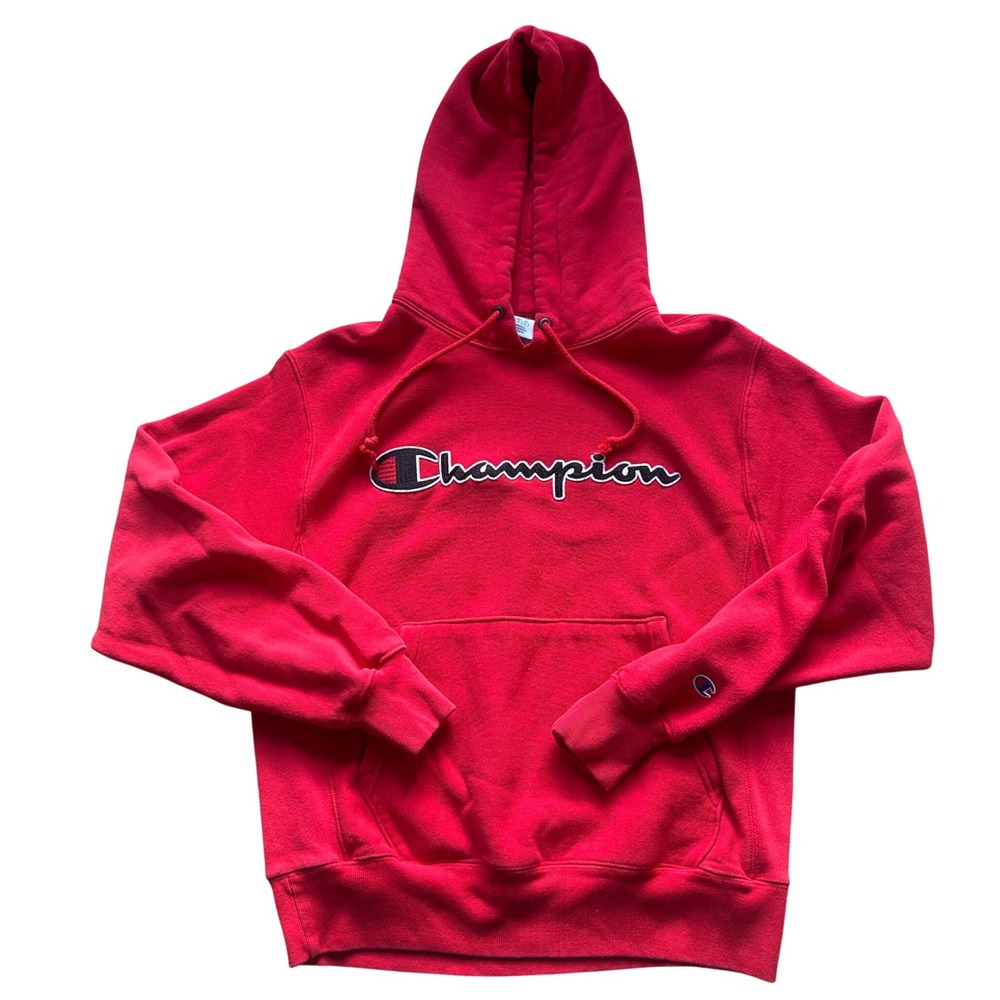 Champion Reverse Weave Heavyweight Hoodie Medium Red Script Logo Pullover Retro